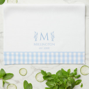 Licht Blauw & Wit Gingham Aangepaste Monogram Naam Theedoek