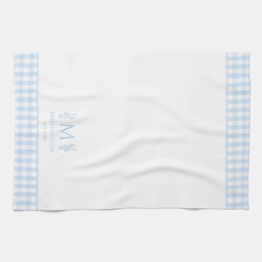 Licht Blauw & Wit Gingham Aangepaste Monogram Naam Theedoek (Horizontaal)