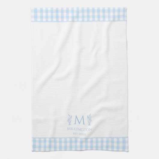 Licht Blauw & Wit Gingham Aangepaste Monogram Naam Theedoek (Verticaal)