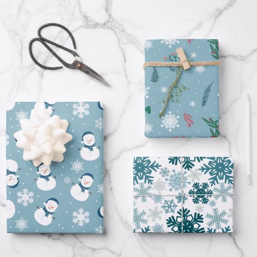 Licht Blauw & Wit Schattige Wintersneeuw Inpakpapier Vel (Voorkant)