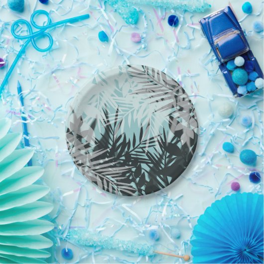 Licht blauw zwart tropisch patroon papieren bordje (Feest)