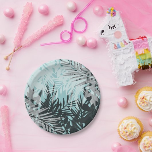 Licht blauw zwart tropisch patroon papieren bordje (Feest)