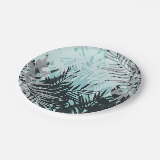 Licht blauw zwart tropisch patroon papieren bordje (Gekanteld)
