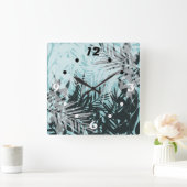 Licht blauw zwart tropisch patroon vierkante klok (Huis)