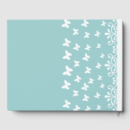 Licht blauwe en witte vlinders zwemmen Weddenschap Gastenboek (Achterkant)