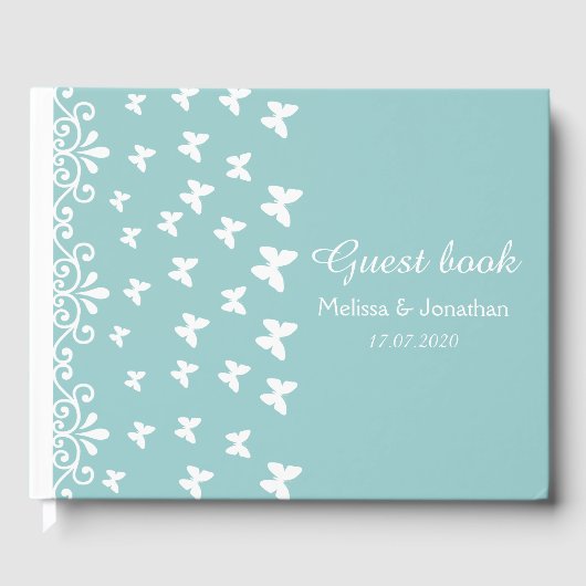 Licht blauwe en witte vlinders zwemmen Weddenschap Gastenboek (Voorkant)