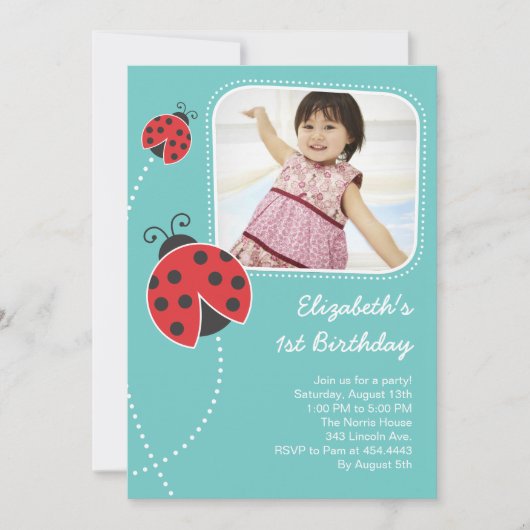 Licht Blauwe Ladybug Birthday Invitations Kaart (Voorkant)