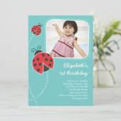Licht Blauwe Ladybug Birthday Invitations Kaart (Staand voorkant)