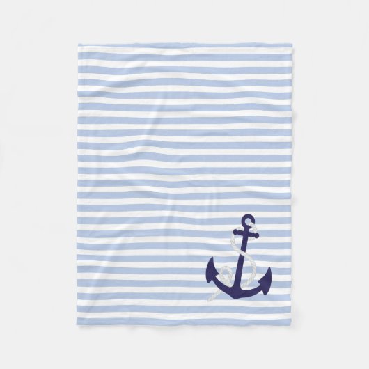 Licht blauwe Nautische Stripes met blauw anker van Fleece Deken (Voorkant)