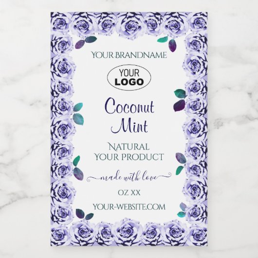 Licht blauwe Rozen op witte etiketten met Logo (Enkel label)