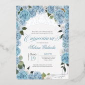 Licht blauwe Rozen Princess Quinceanera Tiara Real Folie Uitnodiging (Voorkant)