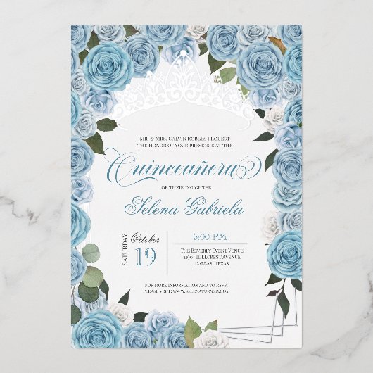Licht blauwe Rozen Princess Quinceanera Tiara Real Folie Uitnodiging (Voorkant)