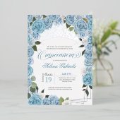 Licht blauwe Rozen Princess Quinceanera Tiara Real Folie Uitnodiging (Staand Voorkant)