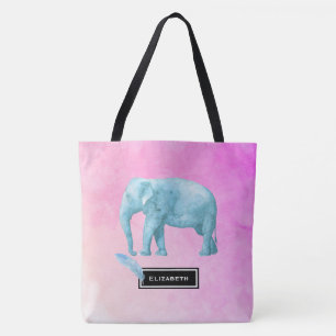 Licht blauwe Waterverf Elephant op roze achtergron Tote Bag
