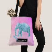 Licht blauwe Waterverf Elephant op roze achtergron Tote Bag (Dichtbij)