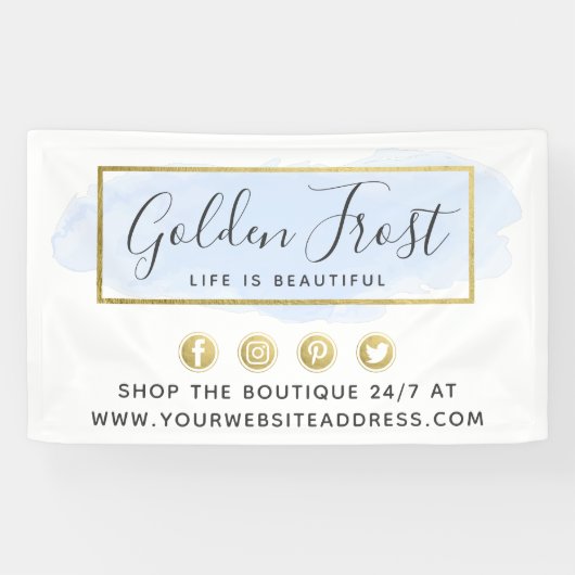 Licht blauwe Waterverf & modern Gold geometrische  Spandoek (Horizontaal)