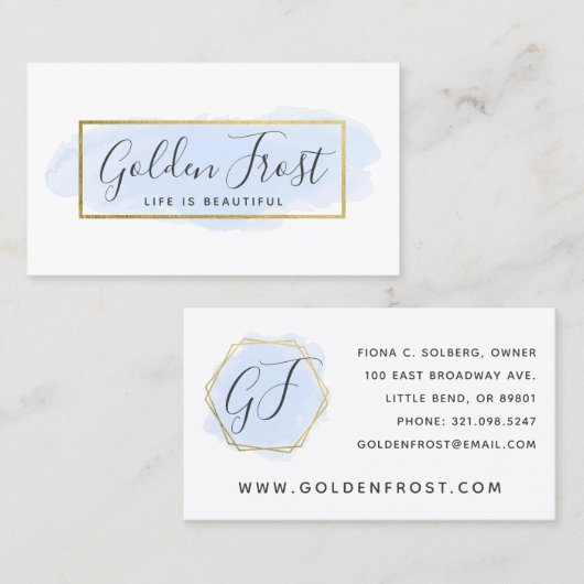 Licht blauwe Waterverf & modern Gold geometrische Visitekaartje (Voorkant / Achterkant)