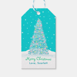 Licht Blauwgroen Aqua Versierde Kerstboom Vakantie Cadeaulabel
