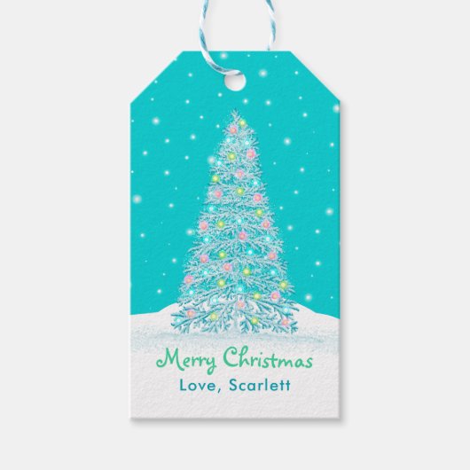 Licht Blauwgroen Aqua Versierde Kerstboom Vakantie Cadeaulabel (Voorkant)