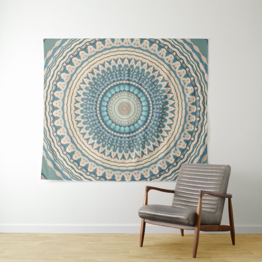 Licht Blauwgroen Beige Mandala Wandkleed (In Situ (horizontaal))