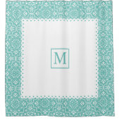 Licht blauwgroen blauw damppatroon, lijst en monog douchegordijn (Voorkant)