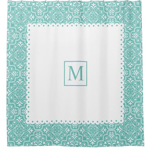 Licht blauwgroen blauw damppatroon, lijst en monog douchegordijn (Voorkant)