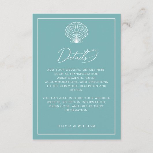 Licht Blauwgroen Blauw Seashell Beach bruiloft Det Informatiekaartje (Voorkant)