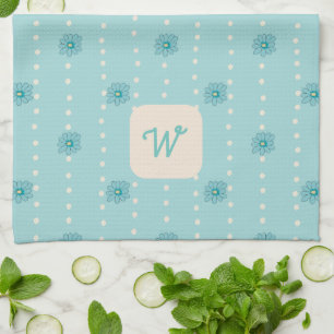 Licht Blauwgroen Bloemen Monogram Keuken Theedoek