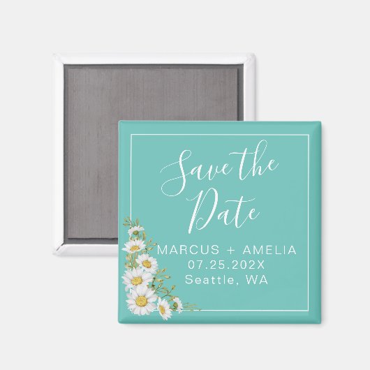 Licht Blauwgroen & Daisies sparen de Datum vierkan Magneet (Voorkant / Achterkant)