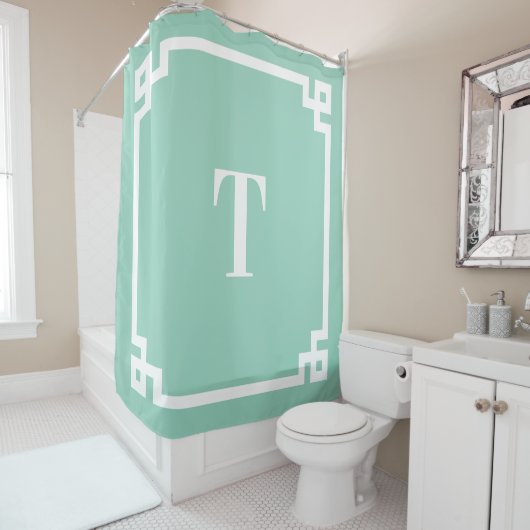 Licht Blauwgroen en Wit Grieks Key Eenvoudig Monog Douchegordijn (In situ)