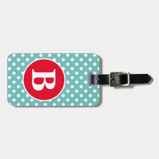 Licht Blauwgroen en witte poka dot met rood monogr Bagagelabel (Voorkant horizontaal)