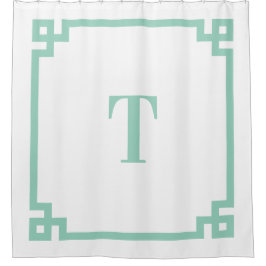 Licht Blauwgroen Grieks Sleutel Eenvoudig Monogram Douchegordijn