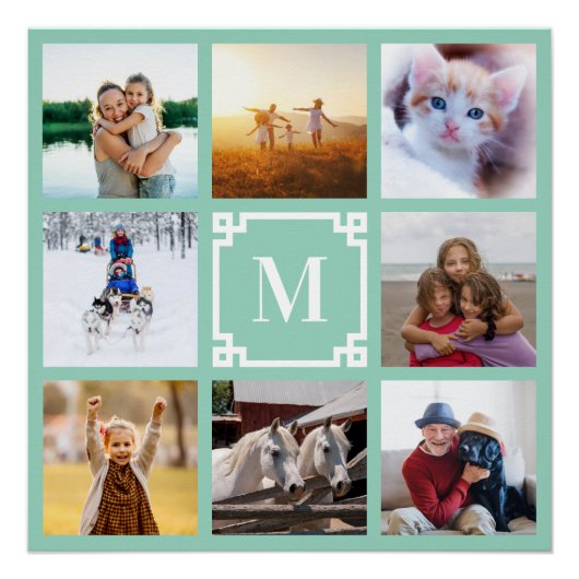 Licht Blauwgroen Grieks Sleutel Monogram 8 Fotocol Perfect Poster (Voorkant)