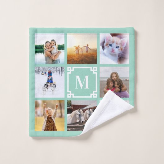 Licht Blauwgroen Grieks Sleutel Monogram 8 Fotocol Washandje (Wasdoekje)