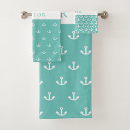 Licht blauwgroen groen anker wit nautisch monogram bad handdoek