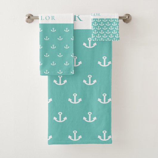 Licht blauwgroen groen anker wit nautisch monogram bad handdoek (Insitu)