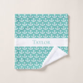 Licht blauwgroen groen anker wit nautisch monogram bad handdoek (Wasdoekje)