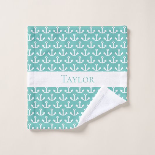 Licht blauwgroen groen anker wit nautisch monogram bad handdoek (Wasdoekje)