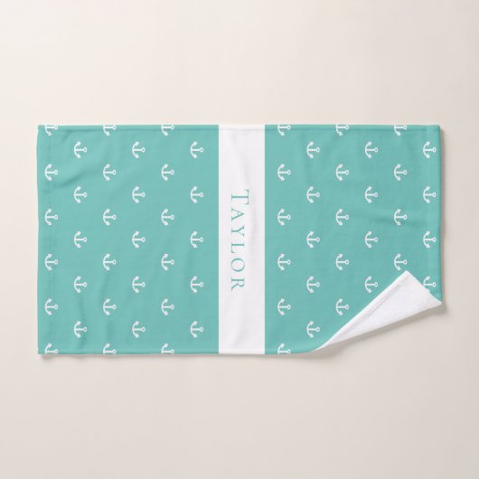 Licht blauwgroen groen anker wit nautisch monogram bad handdoek (Handdoek)