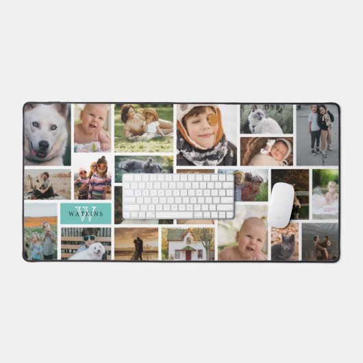 Licht Blauwgroen Monogram 22 Fotocollage Bureaumat (Keyboard & Muis)