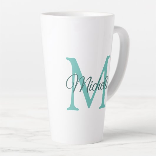 Licht Blauwgroen Monogram Initiaal  Groot Latte Mok (Rechterhoek)