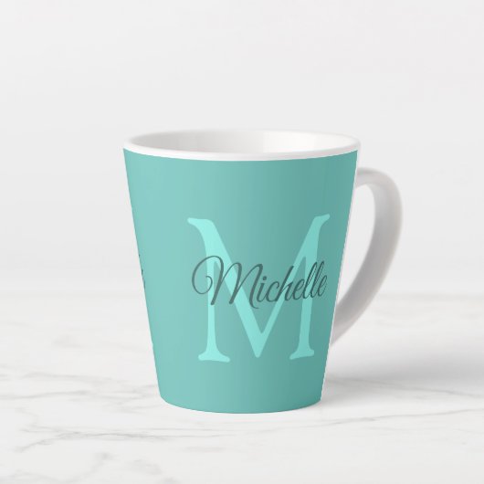 Licht Blauwgroen Monogram Initiaal Naam Klein Latte Mok (Rechterhoek)