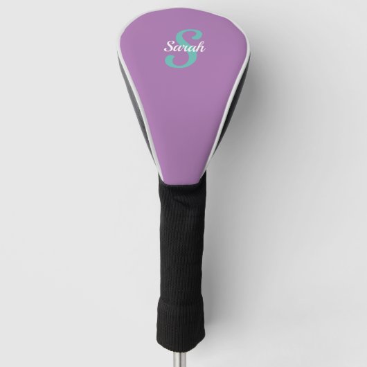 Licht Blauwgroen Monogram & Witte Naam op Paarse Golfheadcover (Voorkant)