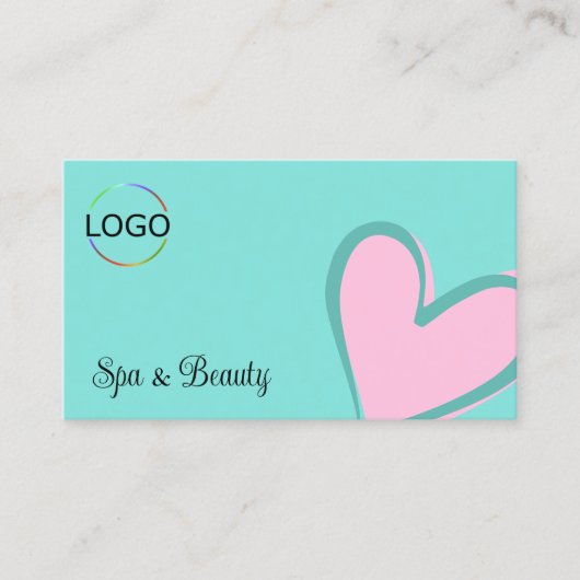 Licht Blauwgroen Prachtig Roze Hart met Logo en Fo Visitekaartje (Voorkant)