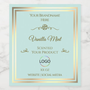 Licht Blauwgroen Product Label met Goud Lijst en L Wijn Etiket