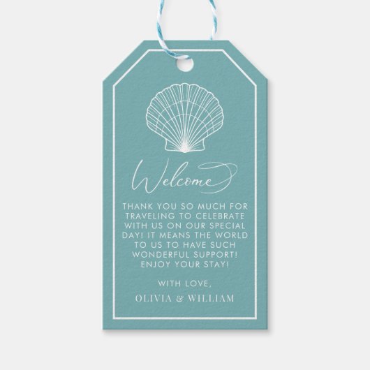 Licht Blauwgroen Seashell Beach Elegant Bruiloft W Cadeaulabel (Voorkant)