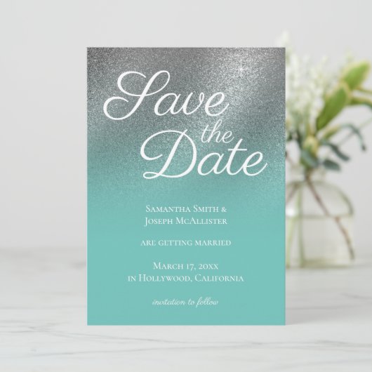 Licht Blauwgroen Silver Fine Glitter Ombre Save th Kaart (Staand voorkant)
