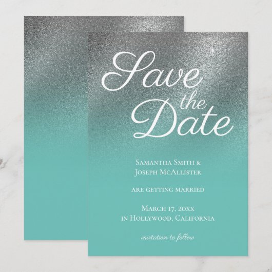 Licht Blauwgroen Silver Fine Glitter Ombre Save th Kaart (Voorkant / Achterkant)