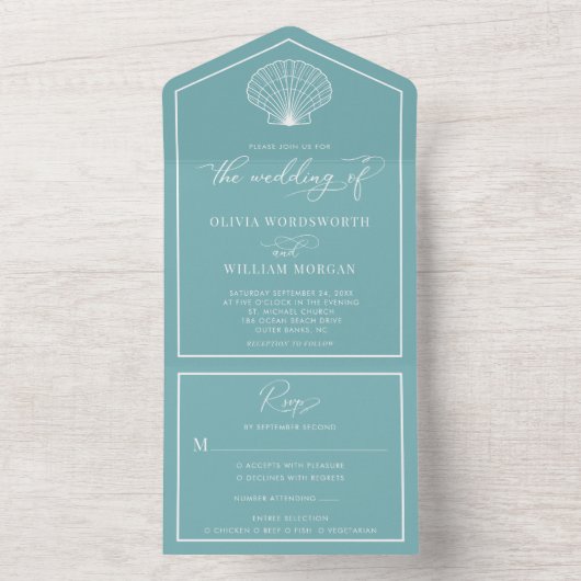 Licht Blauwgroen Strand Seashell Kustbruiloft All In One Uitnodiging (Binnen)