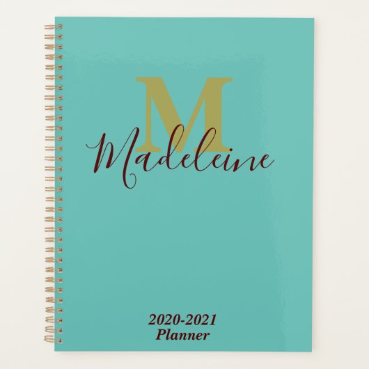 Licht Blauwgroen Turquoise Blauw Monogram Grote Id Planner (Voorkant)